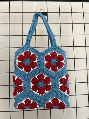 Hand-Crocheted Blue and Red Floral Tote Bag
